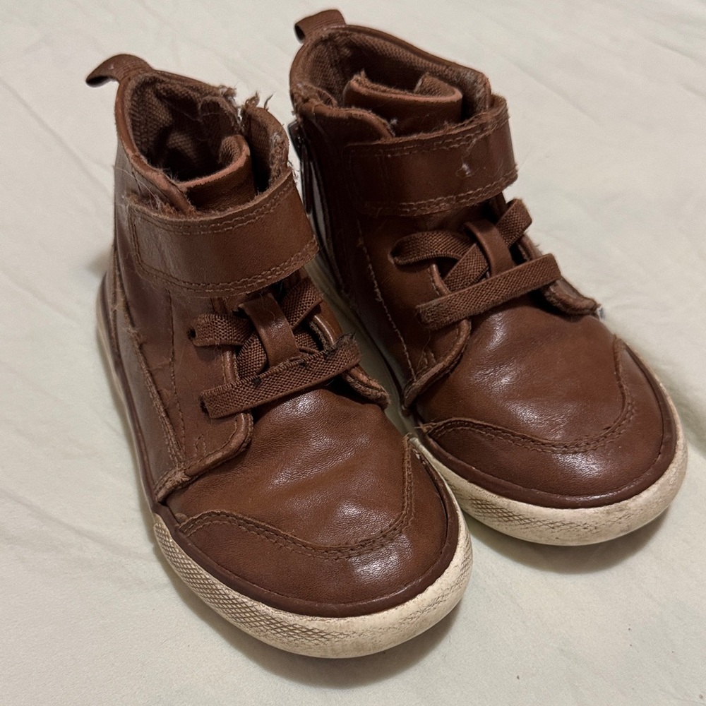 Wonder Nation Size 9 Toddler Kids Brown Faux Leather Zip Up High Top Sneakers